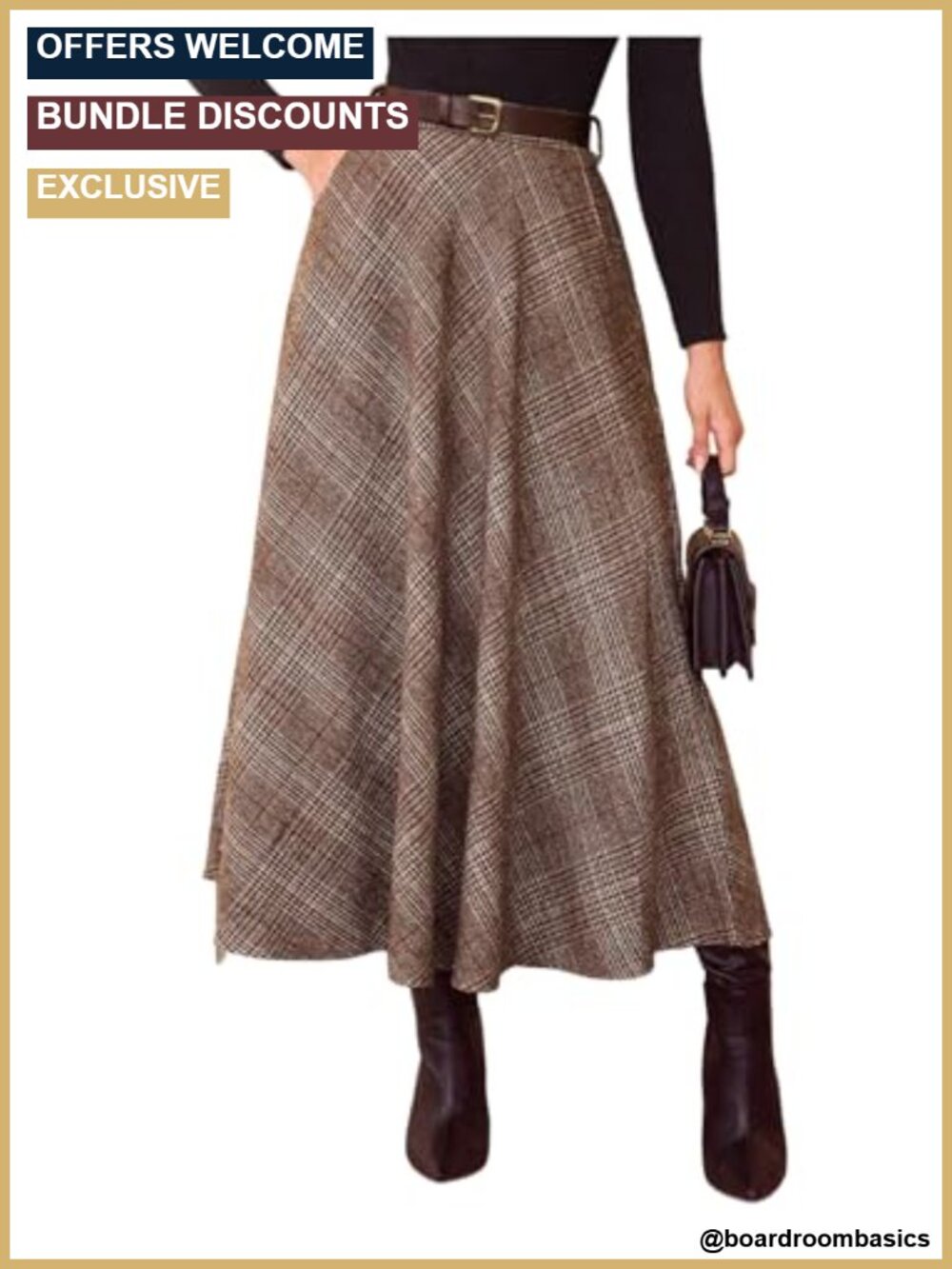 High Waisted Plaid A-Line Long Skirt with Belt Business Casual